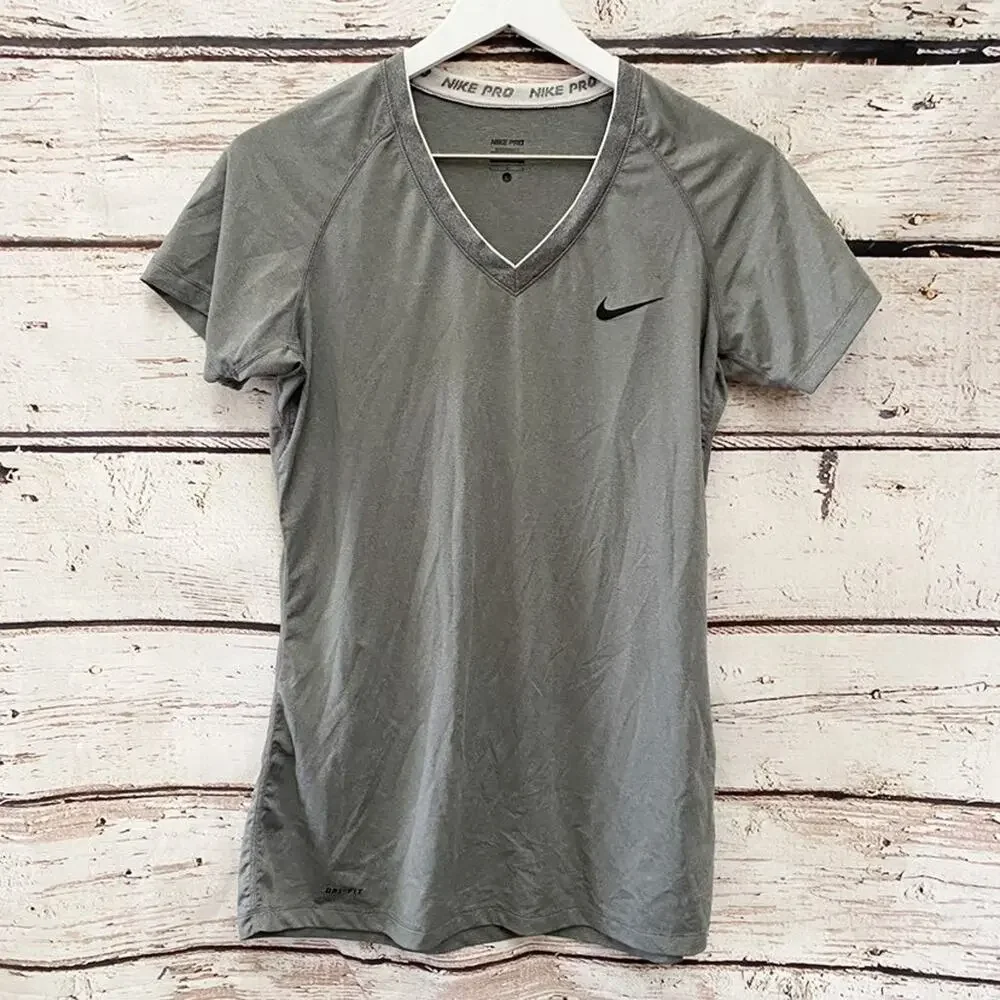 NIKE Pro Shirt Size L Gray Dri-FIT V-Neck Athletic Workout Tee